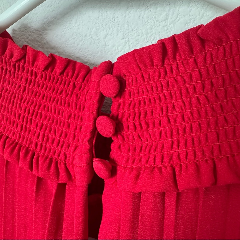 Nanette Lepore Red Smocked Pleated Dress Size 12 Mock Neck Evening Wedding - Picture 10 of 16